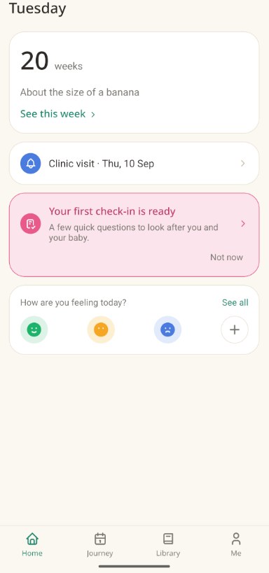 Mamawise home screen showing week 20 progress, an upcoming clinic visit reminder, and a ready check-in