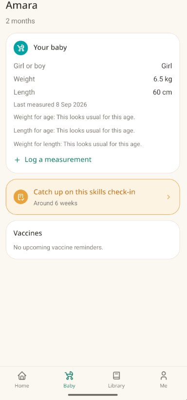 Child growth screen showing a baby's weight, length, and development, all tracked against WHO standards
