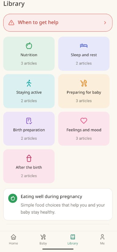 Content library screen organised into topics like nutrition, sleep, birth preparation, and feelings and mood