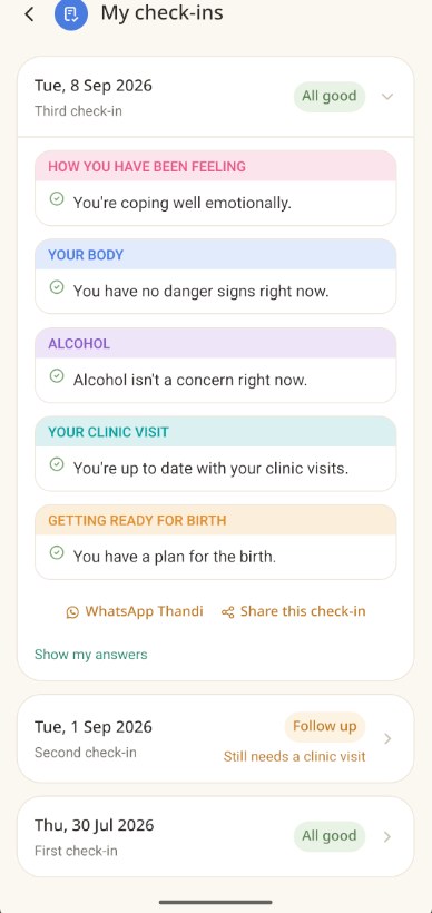 Check-in results screen showing plain-language summaries for mood, danger signs, and alcohol use