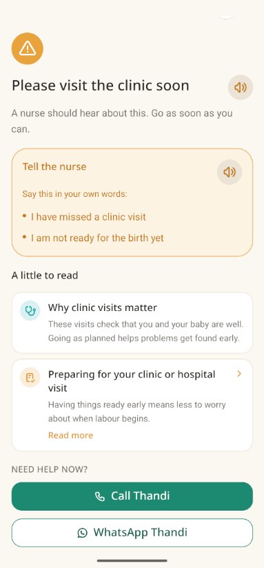 Screen guiding a user to visit the clinic soon, with exact words to say to a nurse